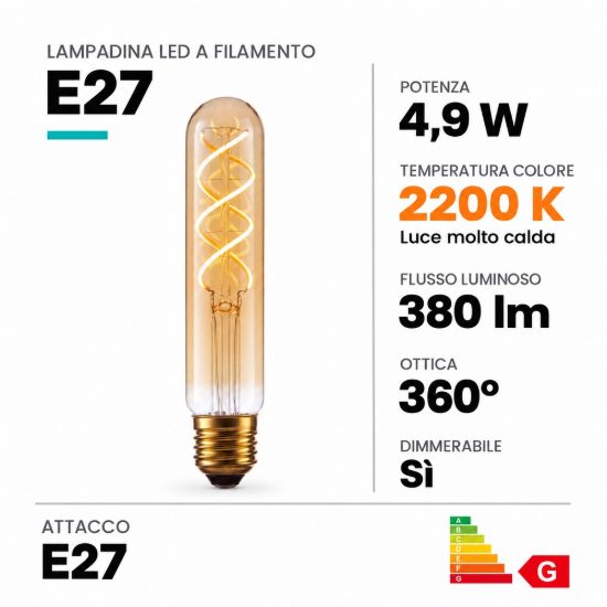 Lampadina e27 led a filamento 4,9w 2200k tubolare h15cm ambra dimmerabile