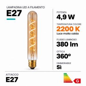 Lampadina e27 led a filamento 4,9w 2200k tubolare h20cm ambra dimmerabile