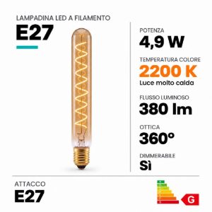 Lampadina e27 led a filamento 4,9w 2200k tubolare h25cm ambra dimmerabile