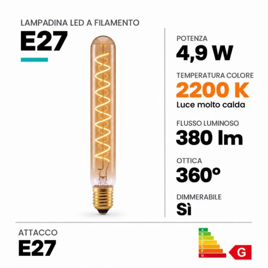 Lampadina e27 led a filamento 4,9w 2200k tubolare h25cm ambra dimmerabile