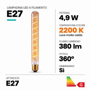 Lampadina e27 led a filamento 4,9w 2200k tubolare h30cm ambra dimmerabile