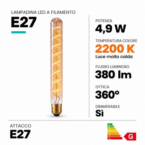 Lampadina e27 led a filamento 4,9w 2200k tubolare h30cm ambra dimmerabile