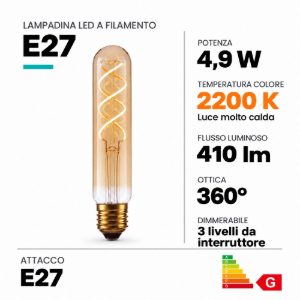 Lampadina e27 led a filamento 4,9w 2200k tubolare h15cm ambra dimmerabile con interruttore