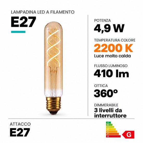 Lampadina e27 led a filamento 4,9w 2200k tubolare h15cm ambra dimmerabile con interruttore