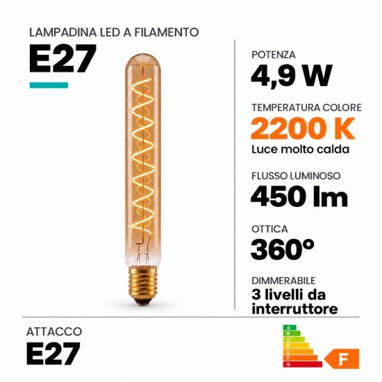 Lampadina e27 led a filamento 4,9w 2200k tubolare h25cm ambra dimmerabile con interruttore