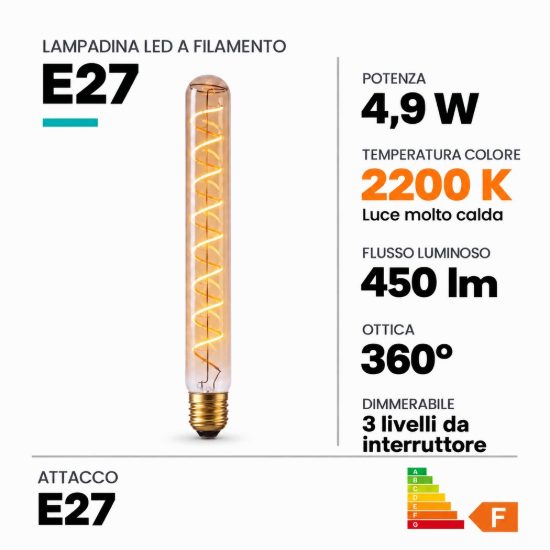 Lampadina e27 led a filamento 4,9w 2200k tubolare h30cm ambra dimmerabile con interruttore