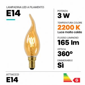 Lampadina e14 led a filamento 3w 2200k a fiamma ambra dimmerabile