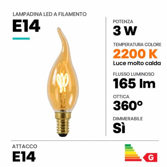 Lampadina e14 led a filamento 3w 2200k a fiamma ambra dimmerabile
