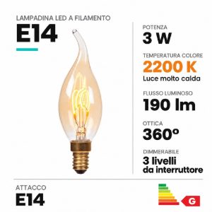 Lampadina e14 led a filamento 3w 2200k a fiamma ambra dimmerabile con interruttore