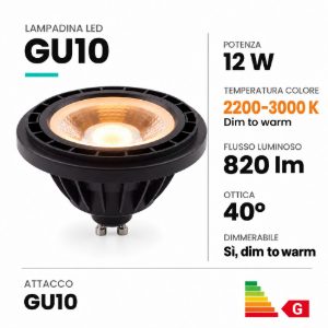 Lampadina gu10 led 12w dim to warm 2200k 3000k spot es111 fascio 40° nera dimmerabile