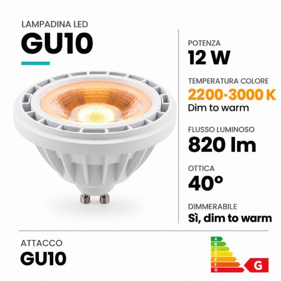 Lampadina gu10 led 12w dim to warm 2200k 3000k spot es111 fascio 40° bianca dimmerabile