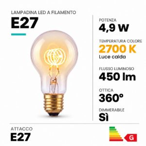 Lampadina e27 led a filamento 4,9w 2700k a goccia trasparente dimmerabile