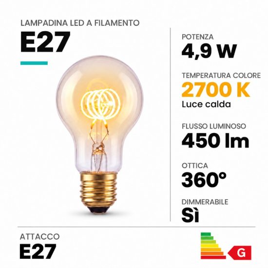 Lampadina e27 led a filamento 4,9w 2700k a goccia trasparente dimmerabile