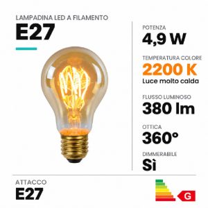 Lampadina e27 led a filamento 4,9w 2200k a goccia ambra dimmerabile