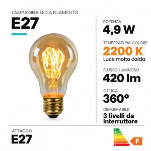 Lampadina e27 led a filamento 4,9w 2200k a goccia ambra dimmerabile con interruttore