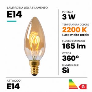 Lampadina e14 led a filamento 3w 2200k a candela ambra dimmerabile