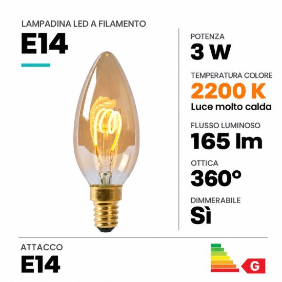 Lampadina e14 led a filamento 3w 2200k a candela ambra dimmerabile