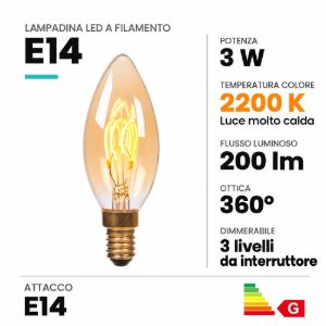 Lampadina e14 led a filamento 3w 2200k a candela ambra dimmerabile con interruttore