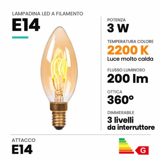 Lampadina e14 led a filamento 3w 2200k a candela ambra dimmerabile con interruttore