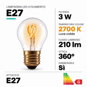 Lampadina e27 led a filamento 3w 2700k a sfera trasparente dimmerabile