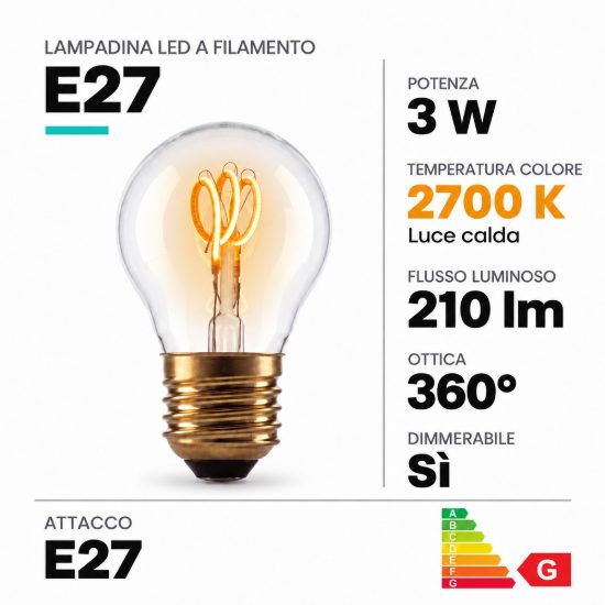 Lampadina e27 led a filamento 3w 2700k a sfera trasparente dimmerabile
