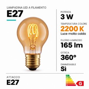 Lampadina e27 led a filamento 3w 2200k a sfera ambra dimmerabile