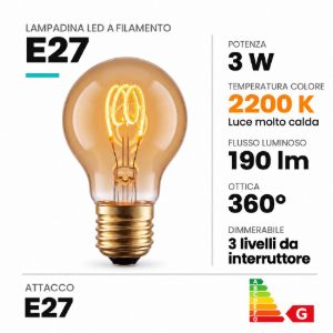 Lampadina e27 led a filamento 3w 2200k a sfera ambra dimmerabile con interruttore