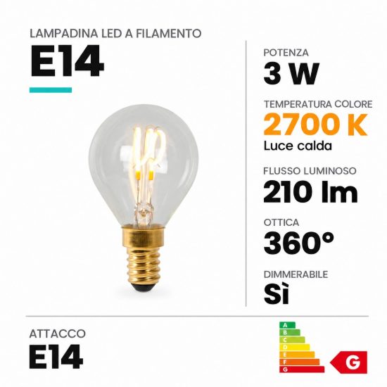 Lampadina e14 led a filamento 3w 2700k a sfera trasparente dimmerabile