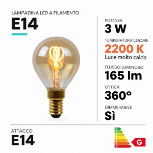 Lampadina e14 led a filamento 3w 2200k a sfera ambra dimmerabile