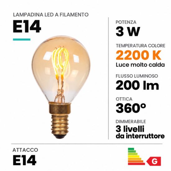 Lampadina e14 led a filamento 3w 2200k a sfera ambra dimmerabile con interruttore