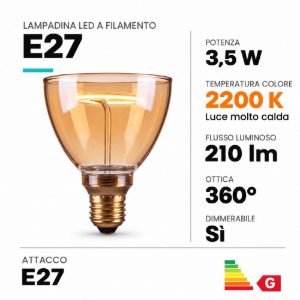 Lampadina e27 led a filamento 3,5w 2200k a coppa 9cm ambra dimmerabile