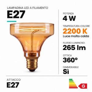 Lampadina e27 led a filamento 4w 2200k a imbuto 10cm ambra dimmerabile