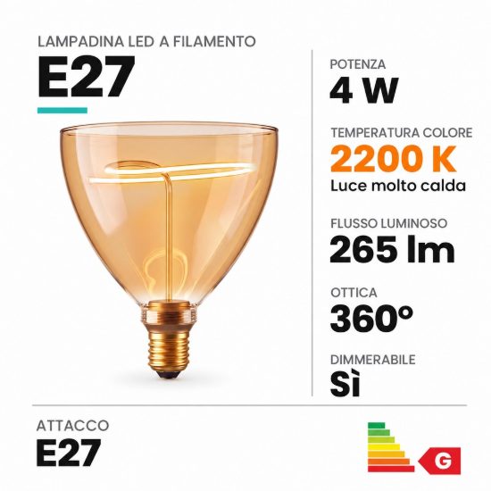 Lampadina e27 led a filamento 4w 2200k a coppa 15cm ambra dimmerabile