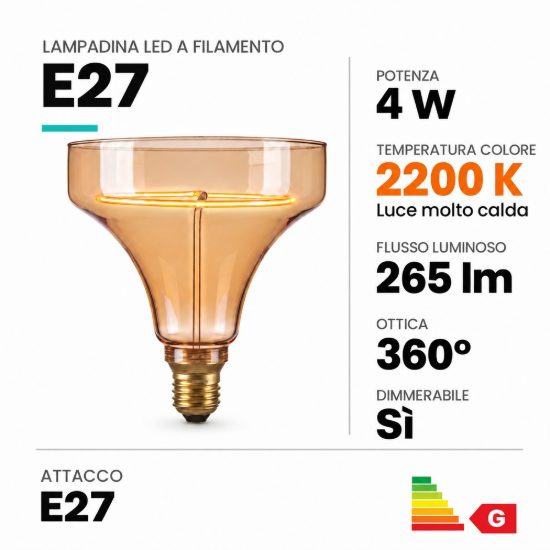 Lampadina e27 led a filamento 4w 2200k a imbuto 15cm ambra dimmerabile