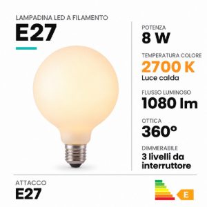 Lampadina e27 led a filamento 8w 2700k a globo 12,5cm opalina dimmerabile con interruttore