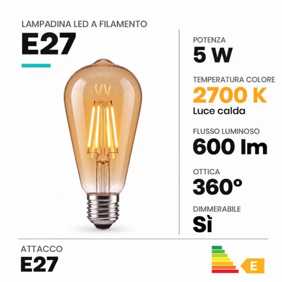 Lampadina e27 led a filamento 5w 2700k edison ambra dimmerabile