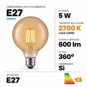 Lampadina e27 led a filamento 5w 2700k a globo 9,5cm ambra dimmerabile