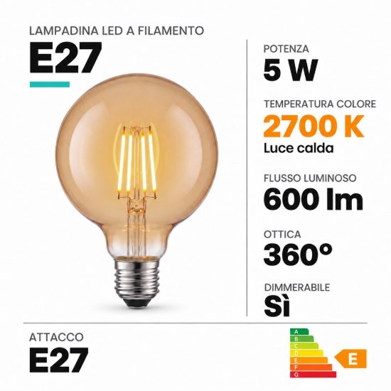 Lampadina e27 led a filamento 5w 2700k a globo 9,5cm ambra dimmerabile