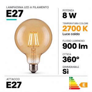 Lampadina e27 led a filamento 8w 2700k a globo 12,5cm ambra dimmerabile
