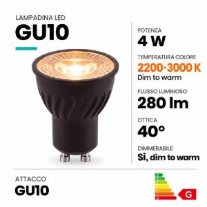 Lampadina gu10 led 4w dim to warm 2200k 3000k mini spot fascio 40° nera dimmerabile