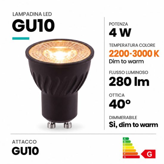 Lampadina gu10 led 4w dim to warm 2200k 3000k mini spot fascio 40° nera dimmerabile