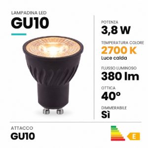 Lampadina gu10 led 3,8w 2700k mini spot fascio 40° nera dimmerabile