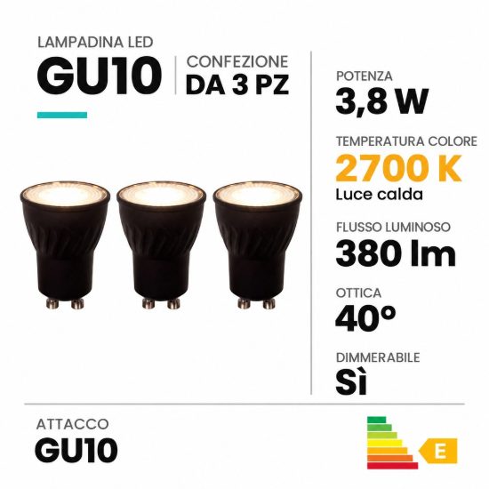 Lampadina gu10 led 3,8w 2700k mini spot fascio 40° nera dimmerabile confezione 3 pezzi
