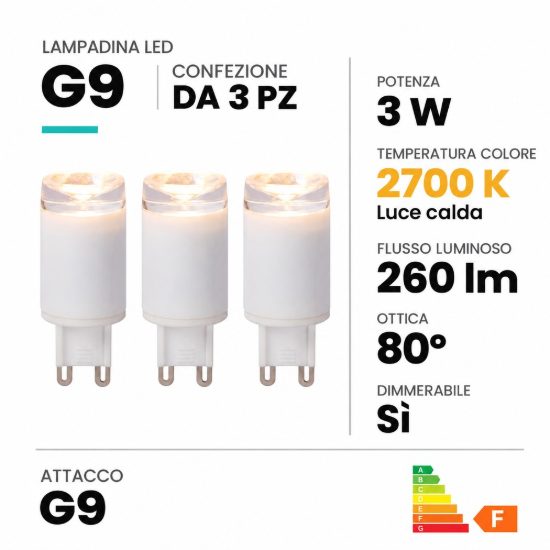 Lampadina g9 led 3w 2700k a capsula bianca dimmerabile confezione 3 pezzi
