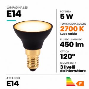 Lampadina e14 led 5w 2700k a riflettore fascio 120° nera dimmerabile con interruttore