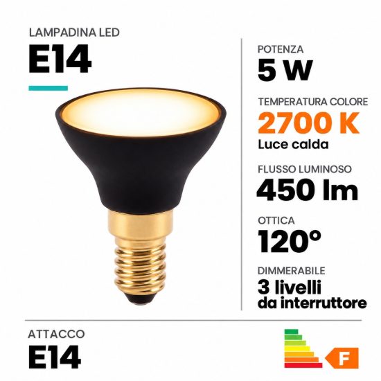 Lampadina e14 led 5w 2700k a riflettore fascio 120° nera dimmerabile con interruttore