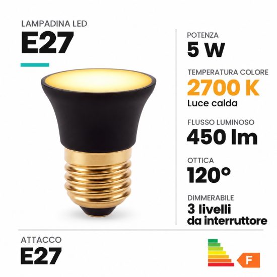 Lampadina e27 led 5w 2700k a riflettore fascio 120° nera dimmerabile con interruttore