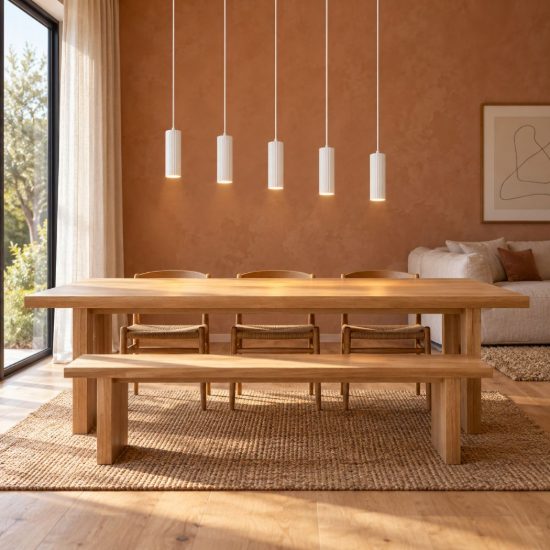 Lampadario 5 luci per salotto lineare bianco con diffusori cilindrici rigati