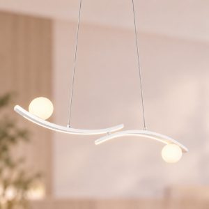 Lampadario per salotto led 27w cct 2300k 3000k 4000k bianco con 2 bracci curvi 2 sfere in vetro