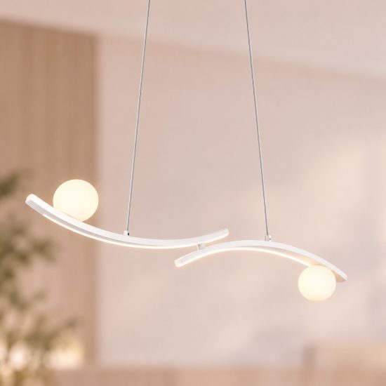 Lampadario per salotto led 27w cct 2300k 3000k 4000k bianco con 2 bracci curvi 2 sfere in vetro